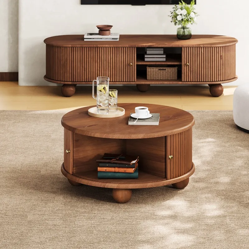 Round Fluted Coffee Table with Storage, Pine Solid Wood, Sliding Door, Walnut, 31.8