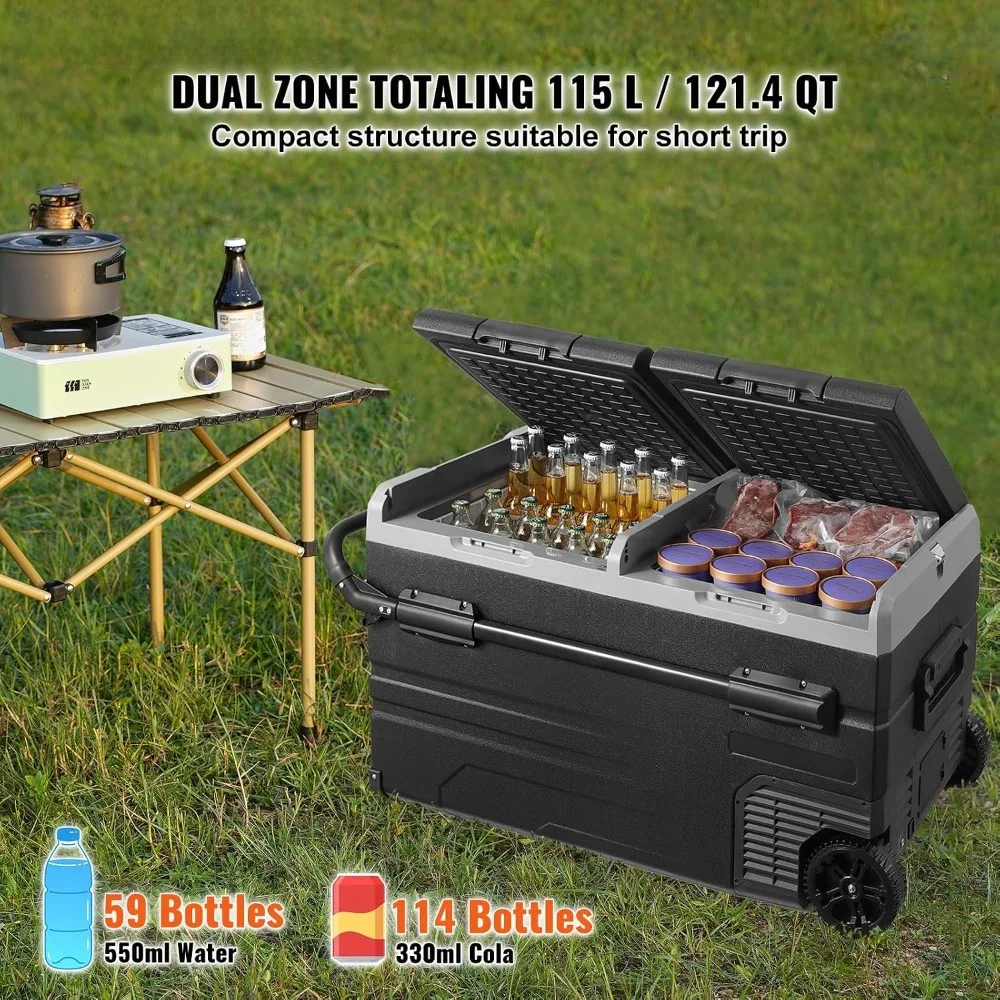 

Car Refrigerator 115L, Dual Zone Portable Freezer with Wheels & Handle, -4℉ to 68℉, 12/24V DC & 100-240V AC