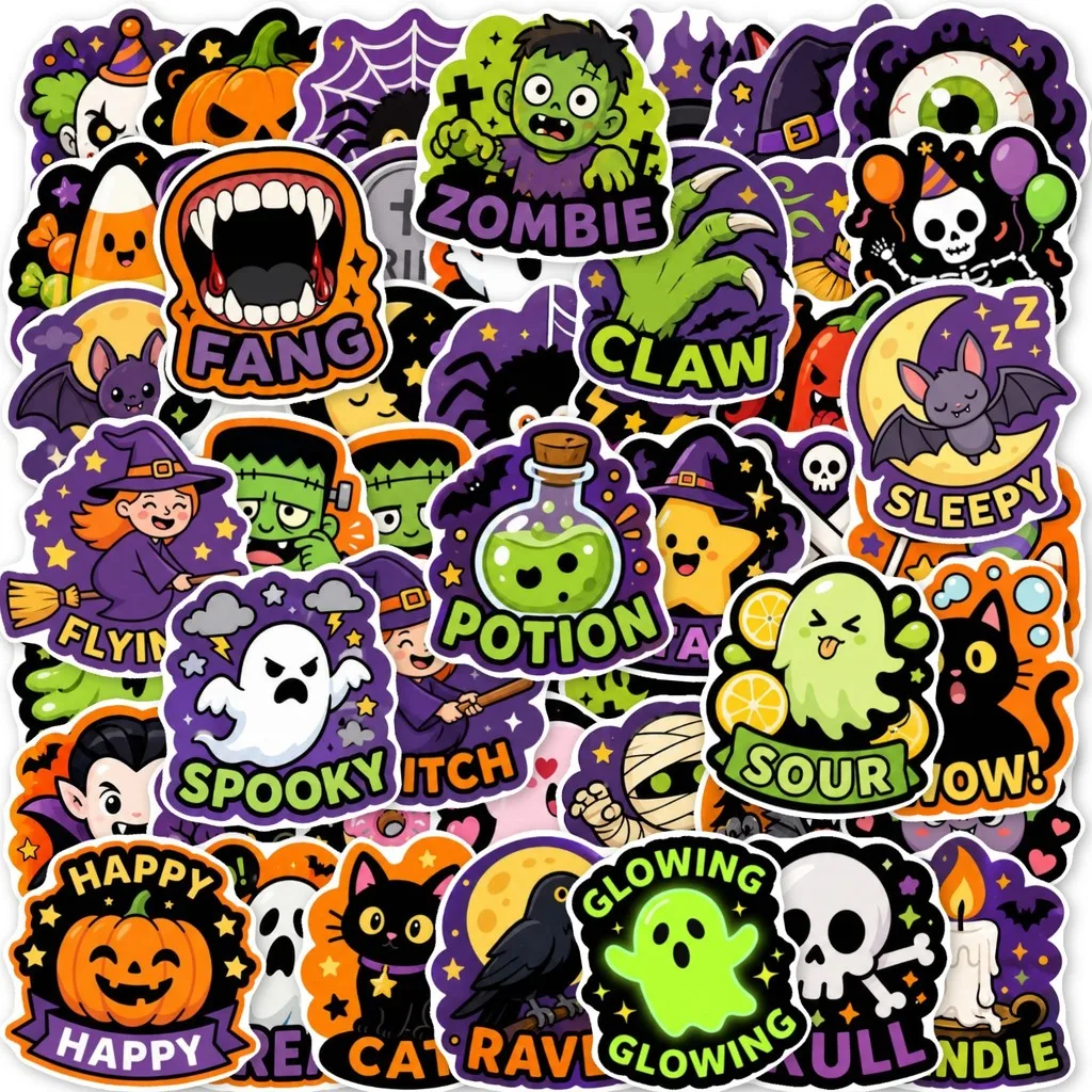 50Pcs Fun Cartoon Halloween Doodle Stickers, New‑arrival Festival Themed Decals, DIY Ornaments for Scrapbook, Water Bottle