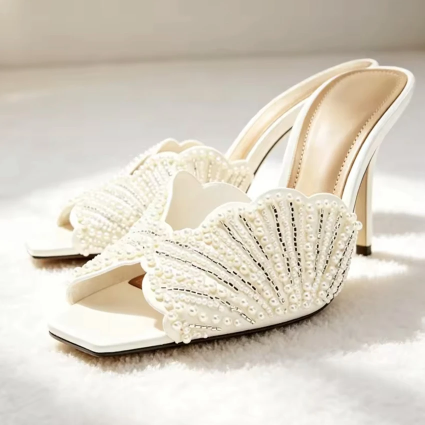 Damen Perlenbesetzte Sandalen mit eckiger Zehenpartie und hohem Absatz, offene Stiletto-Absätze, 2026 Party- und Hochzeitsschuhe, Damen-Sommer-Mules