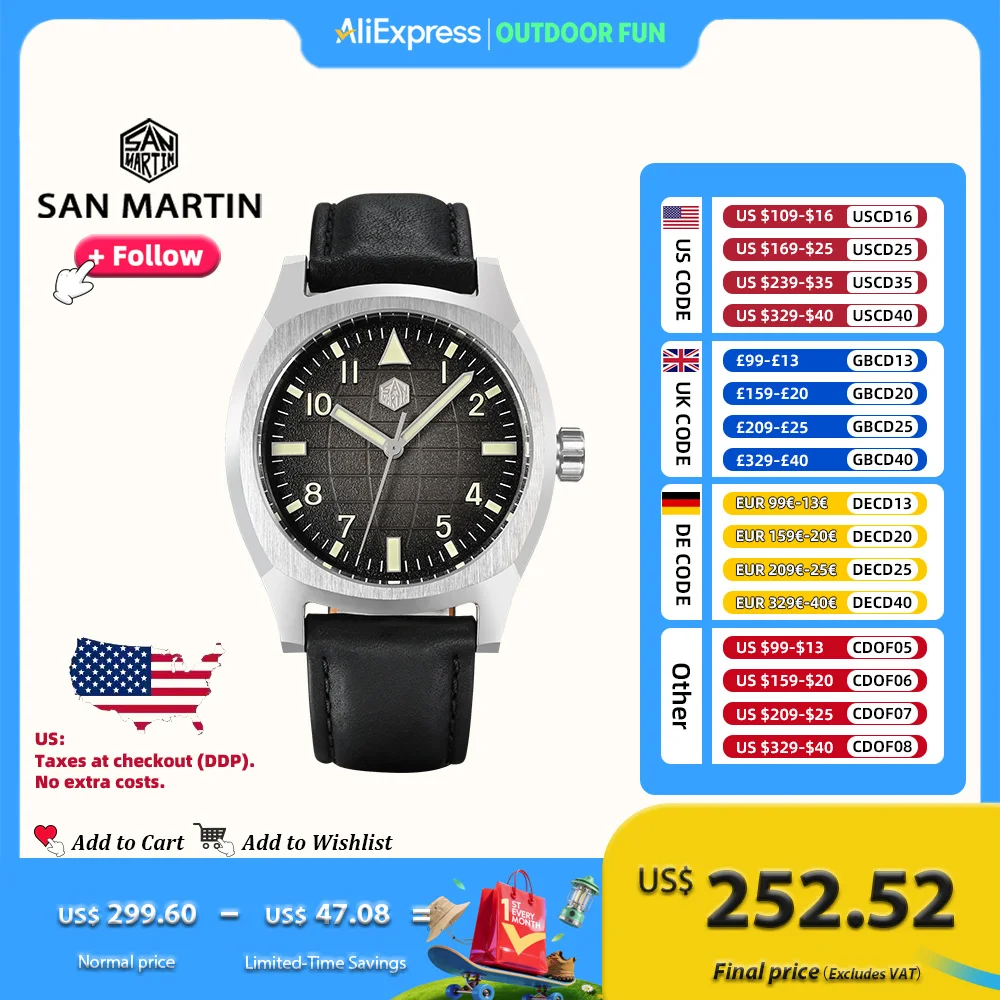 

San Martin Design Мужские роскошные часы 38 мм Винтажные спортивные часы PT5000 Стальные автоматические механические часы Водонепроницаемые 10 бар светящиеся SN0026