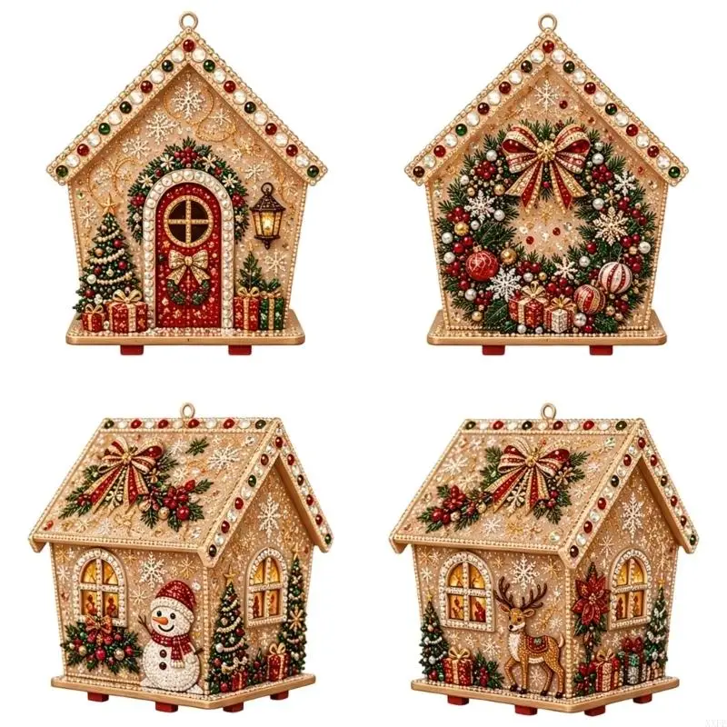 XXFE DIY Tabletop or Hanging Christmas Cottage Craft Set, Jewels Art Wooden Ornament for Holiday Family Activity Indoor Display