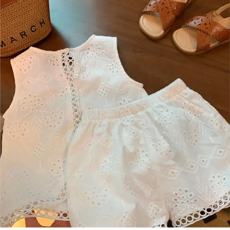 2024 Summer Children Baby Girl 2PC Clothes Set Cotton Hollow Lace Sleeveless Vest Elastic Waist Shorts Suit Toddler Girls Outfit