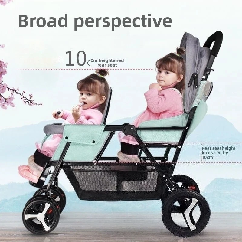 Cochecito doble con asiento trasero delantero, cochecito de bebé doble plegable y ligero para dos niños, cochecito para niños pequeños sentado o tumbado