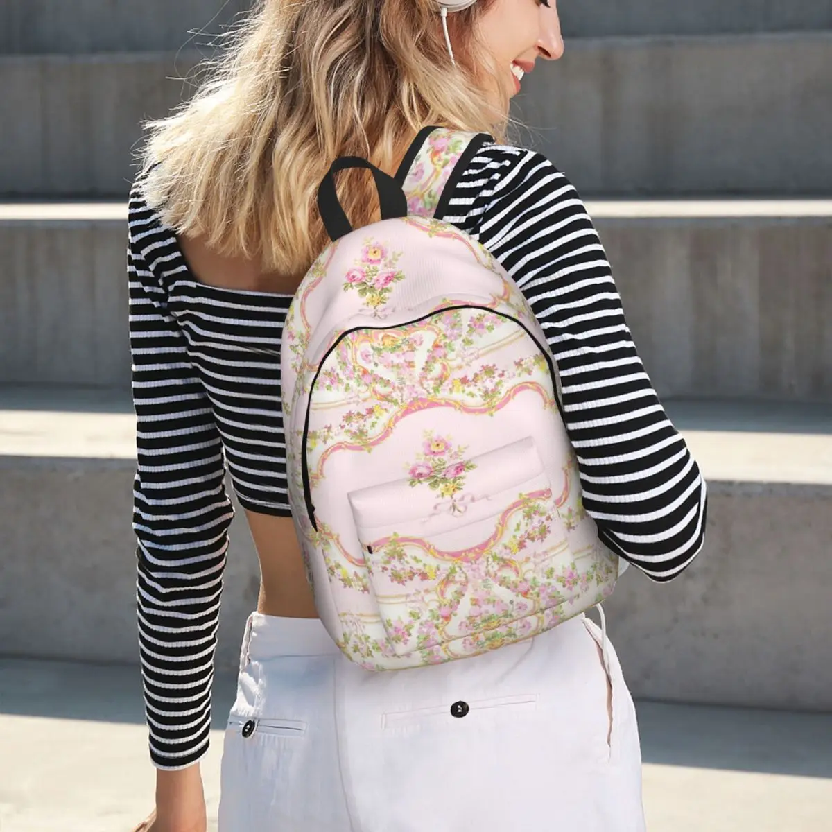 French Rococo Pink Floral Watercolor Panel Student Backpack School Bag Hiking Travel Daypack for Men Women Bookbag Shoulder Bags