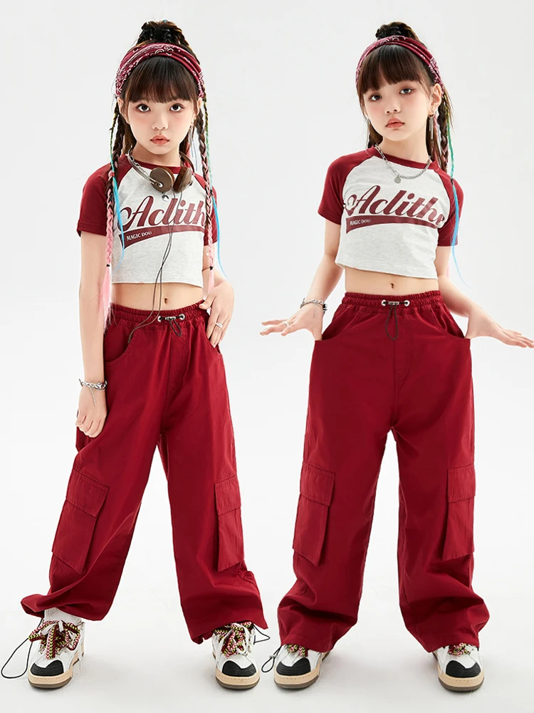 

2023 Hip Hop Girls Clothes Jazz Dance Costume Fashion Crop Tops Red Pants Practice Wear Modern Dance Performance Outfits BL11120