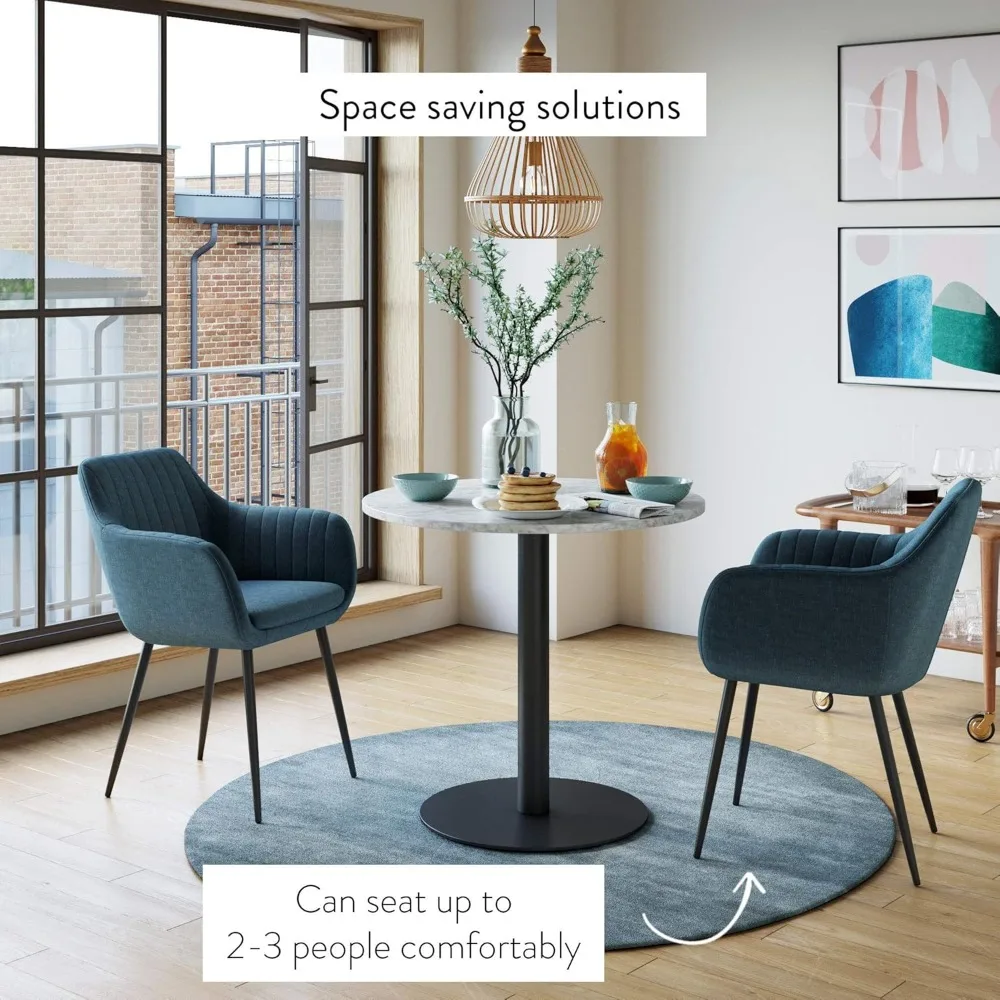 Small Mid-Century Modern Kitchen or Dining Table with Faux Carrara Marble Top and Brushed Metal Pedestal Base