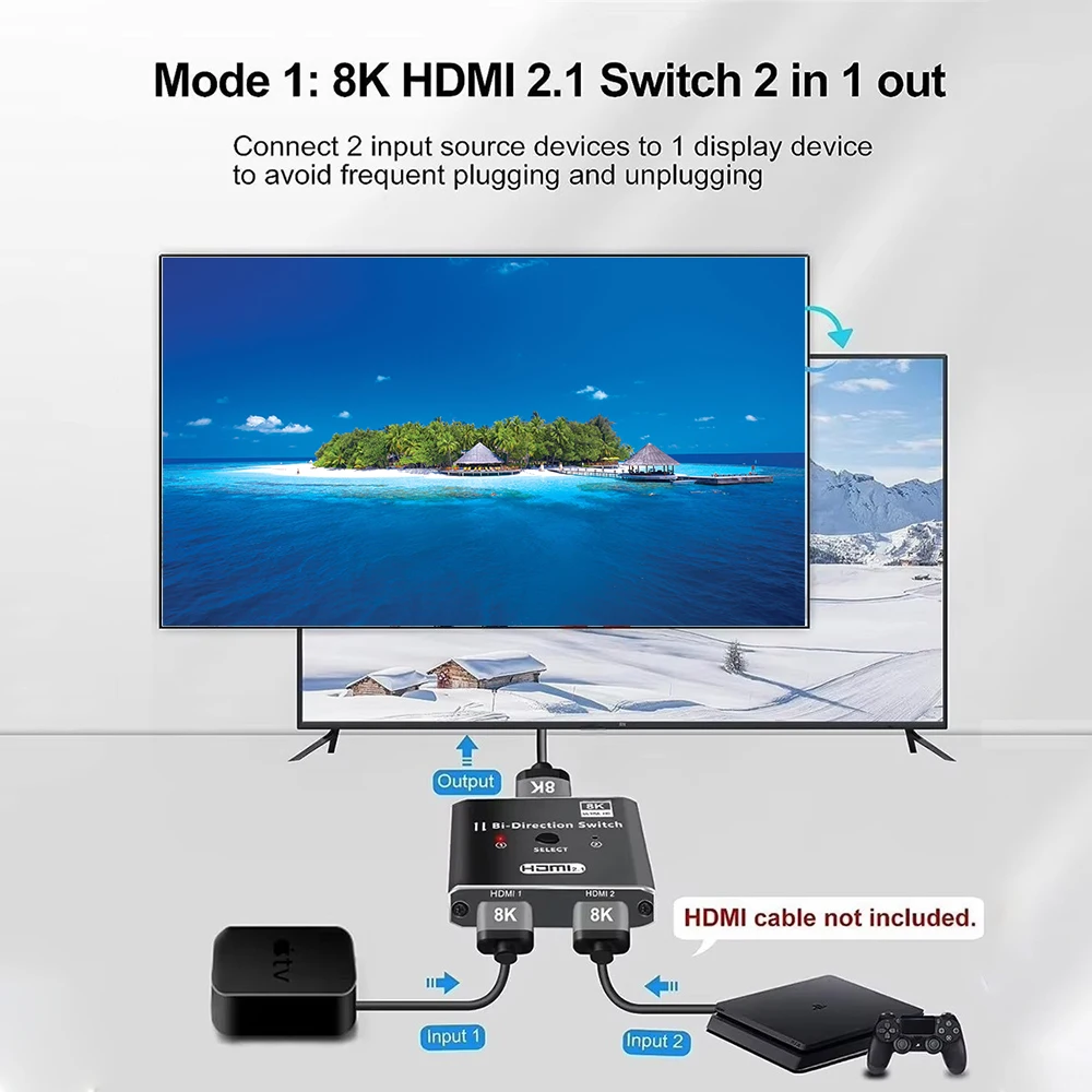 8K 60HZ HDMI 2.1 الفاصل HDMI التبديل 4K @ 120 هرتز HDMI 2.1 ثنائي الاتجاه الجلاد 2 في 1 خارج محول الصوت والفيديو 1x2 2x1 ل PS5