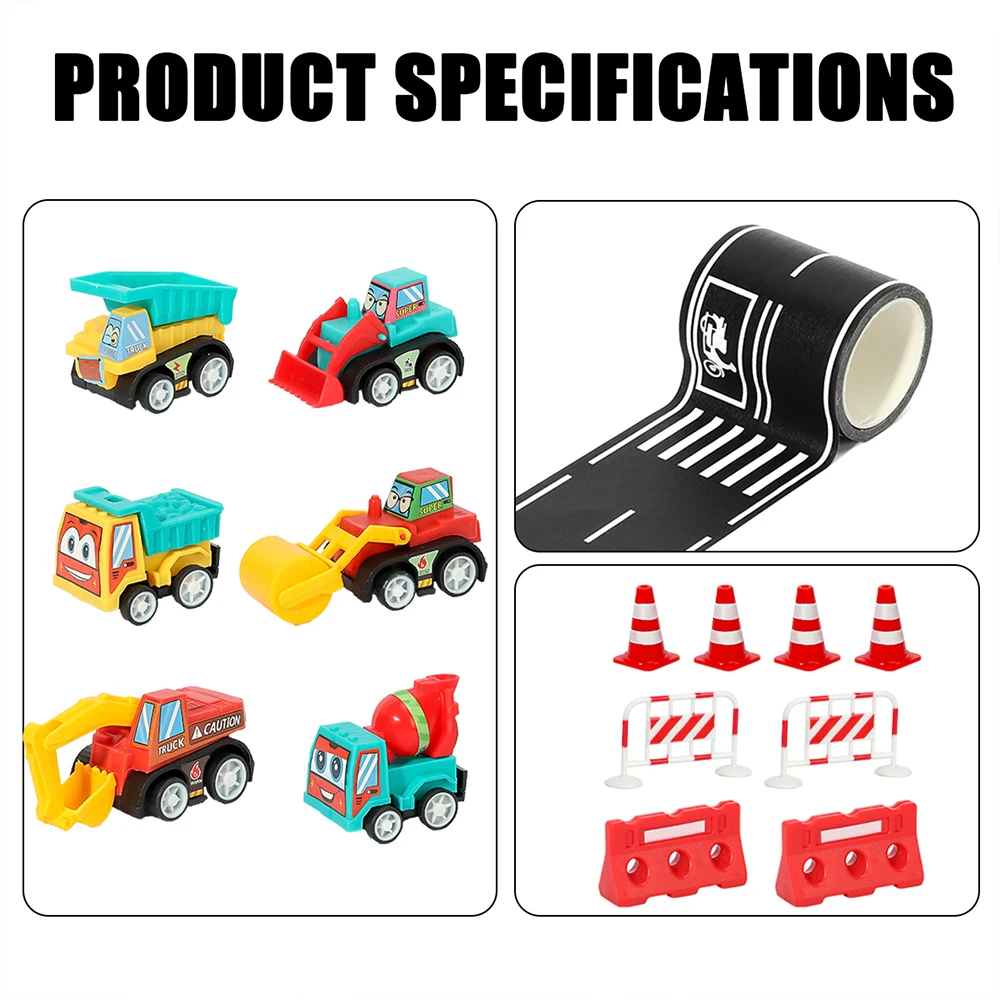15Pcs Mini Inertial Pull Back Engineering Car Set with Road Tape & Barriers - Kids Cartoon Educational Craft Toys Birthday Gift
