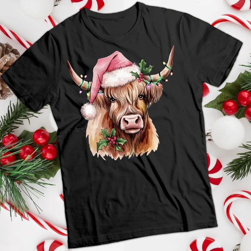 

Mens and Womens Highland Cow Christmas T-Shirt Graphic T Shirts Unisex Shirt Pure Cotton Tees Christmas T-shirt Funny Cow shirts