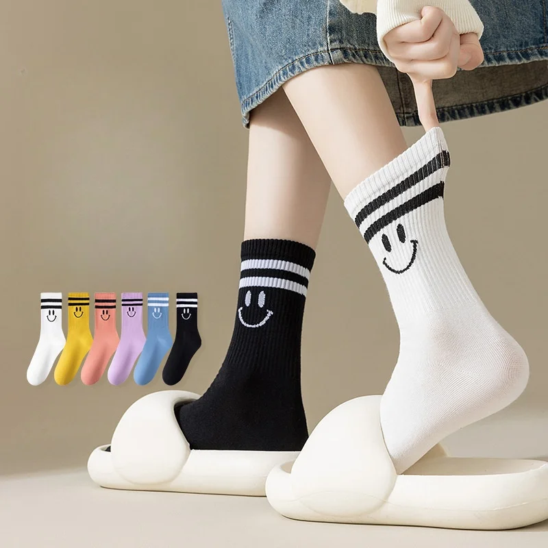 3 Pairs Smiling Socks Black White Fashion Sox Funny Cute Expression Mid Tube Cotton Socks Women\'s Stockings