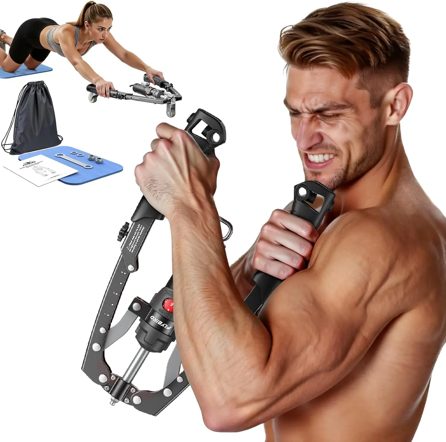 FED Fitness Flybird Serie CT1 Brusttrainer, hydraulischer Arm-Twister, 10–200 kg verstellbar, 3-in-1 Gerät für Brust & Arme mit Bauchroller, Rucksack & Polster