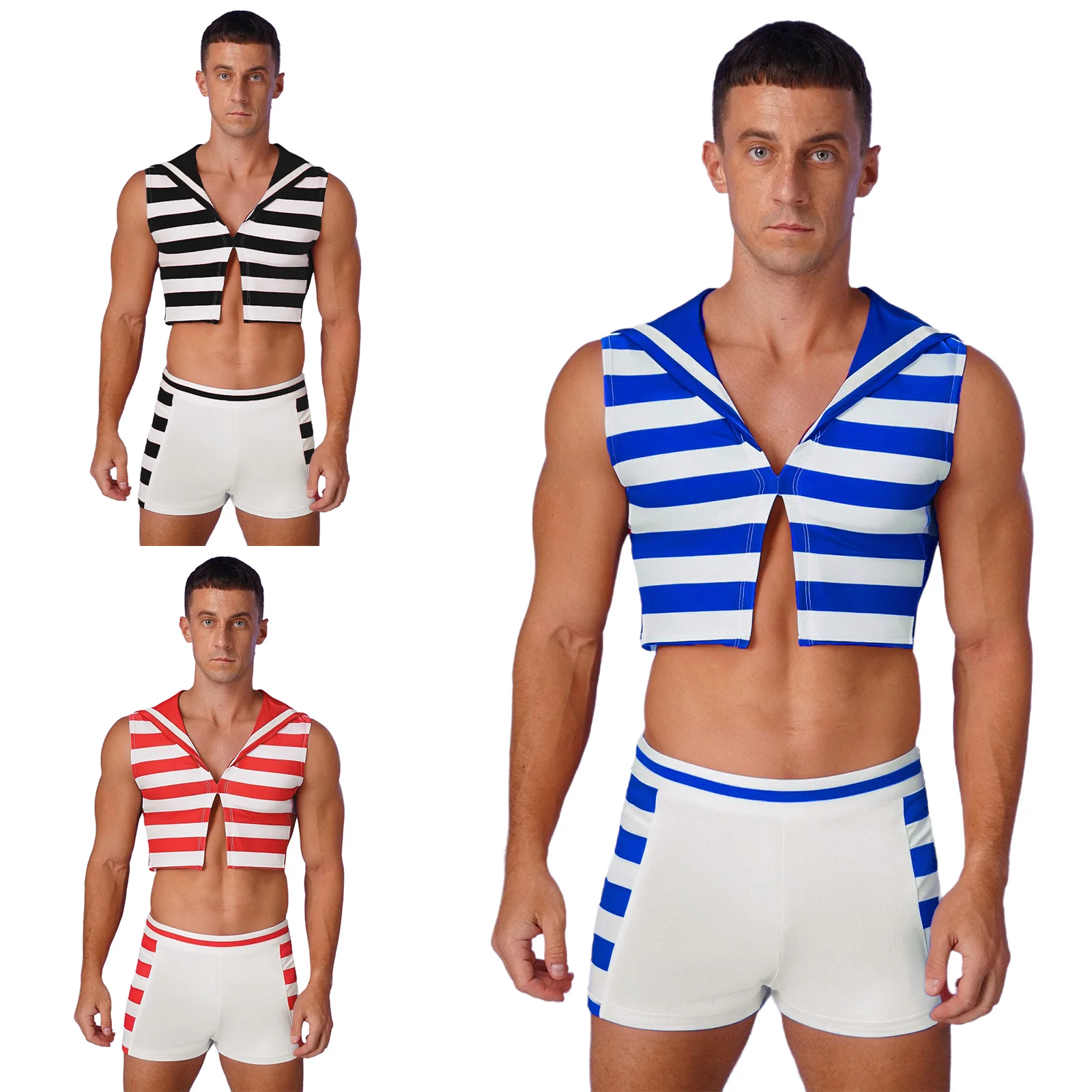 Nautical Sailor Cosplay Outfits Men's Theme Party Naval Seafaring Role Play Tank Top with Boxer Shorts for Halloween Masquerade