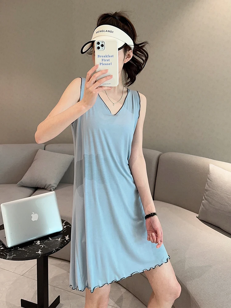 

Modal Sp Dr Women Summer Thin Svel Long Casual Large Size V-Ne Vest Mid-Length Home Dr round Ne Dr