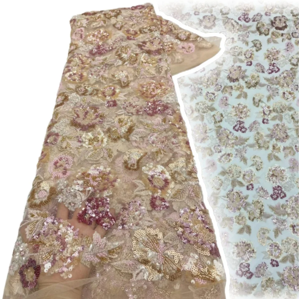 3D Nigerian Tulle Lace Fabric 2026 High Quality African Sequins Beaded Lace Fabric For Women Evening Party Dress Sewing 2832 view 3