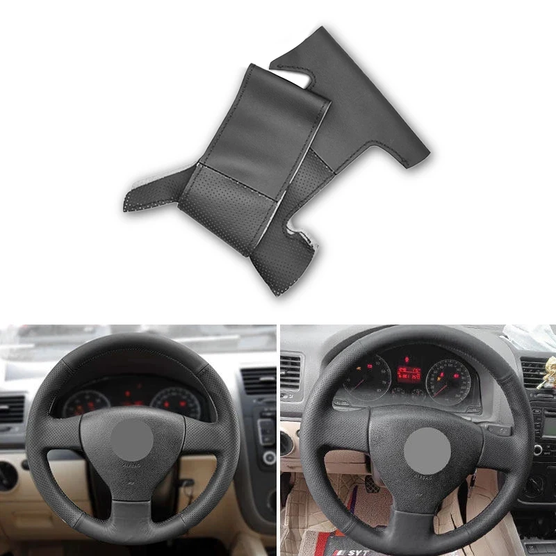 For VW Old Golf 5 V MK5 Caddy Jetta Tiguan Sagitar Touran Polo Hand-stitched Car Steering Wheel Cover Black Leather Accessories