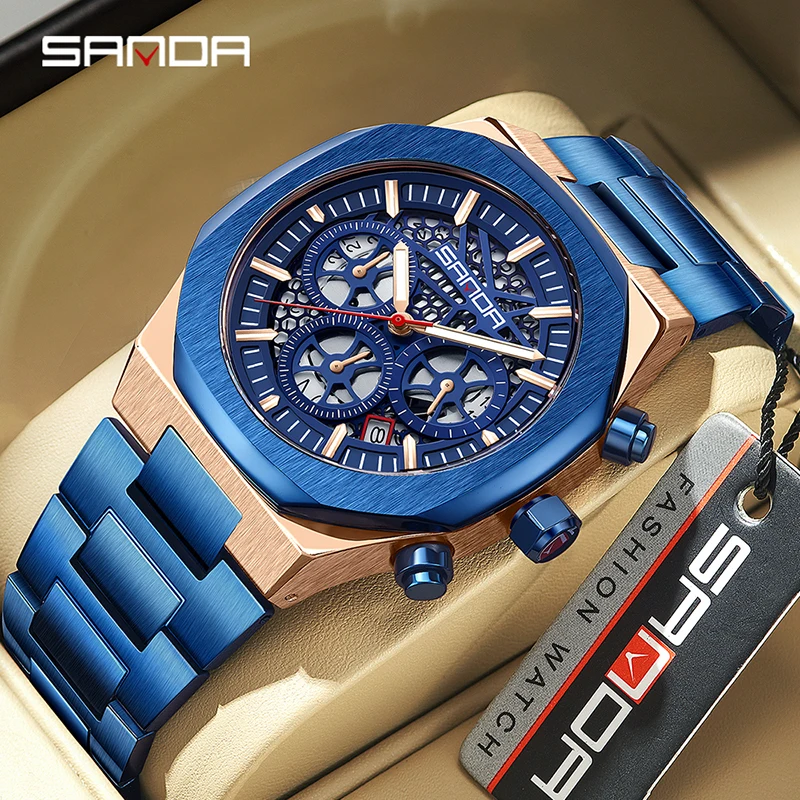 Sanda 5505 New Arrival Trendy Quartz Movement Chronograph Function Stainless Steel Strap Business Men’s Calendar Wrist Watch