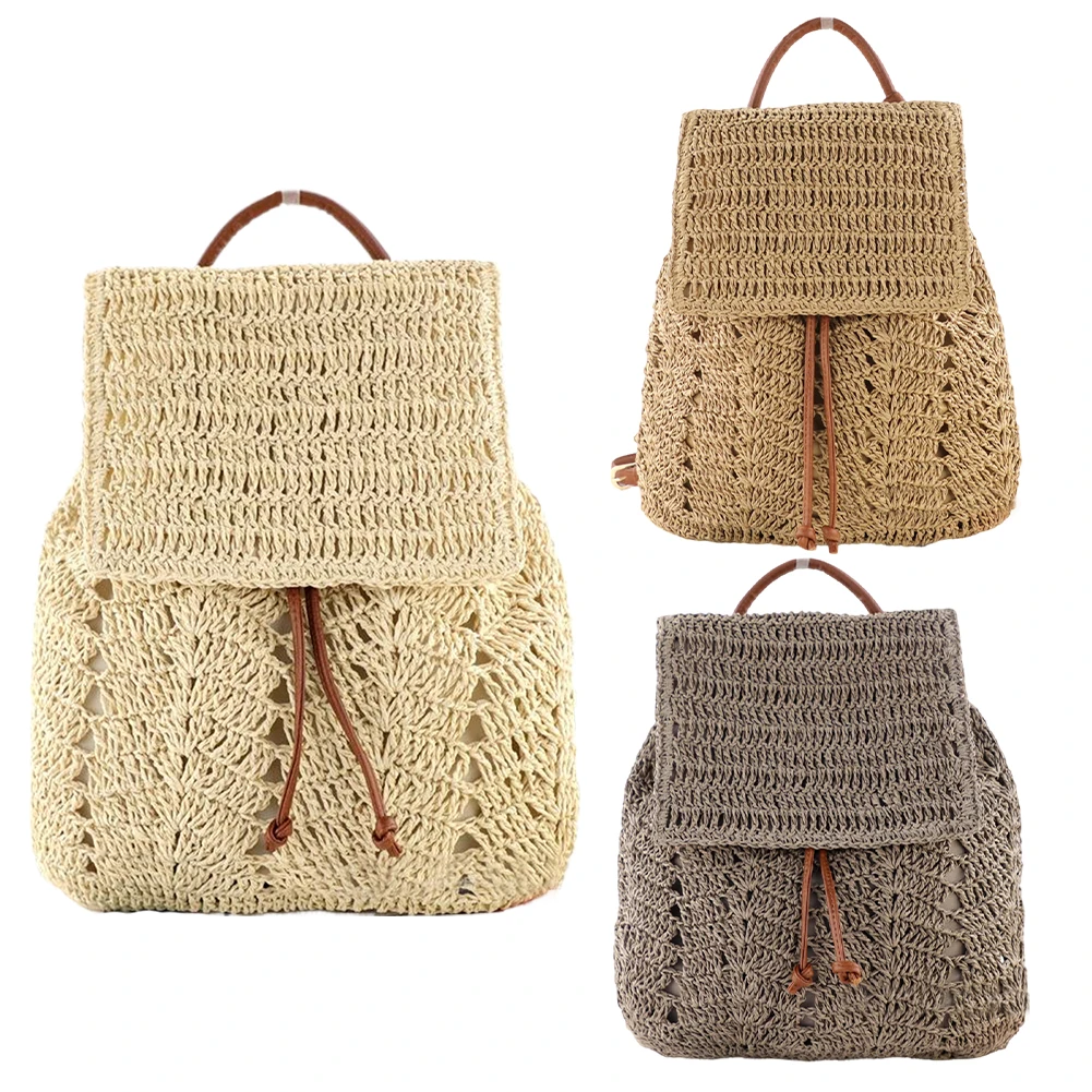 

Straw Beach Drawstring Backpack for Women Girls Shoulders Bucket Bag Flap Drawstring Shoulders Bag for Summer Beach Holiday