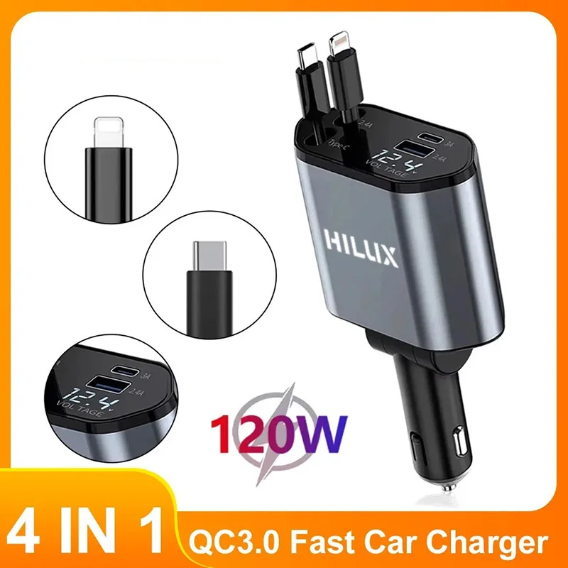 

120W Retractable Car Charger For IPhone Android Super Fast Charge Adapter QC3.0 PD USB Type C For TOYOTA HILUX