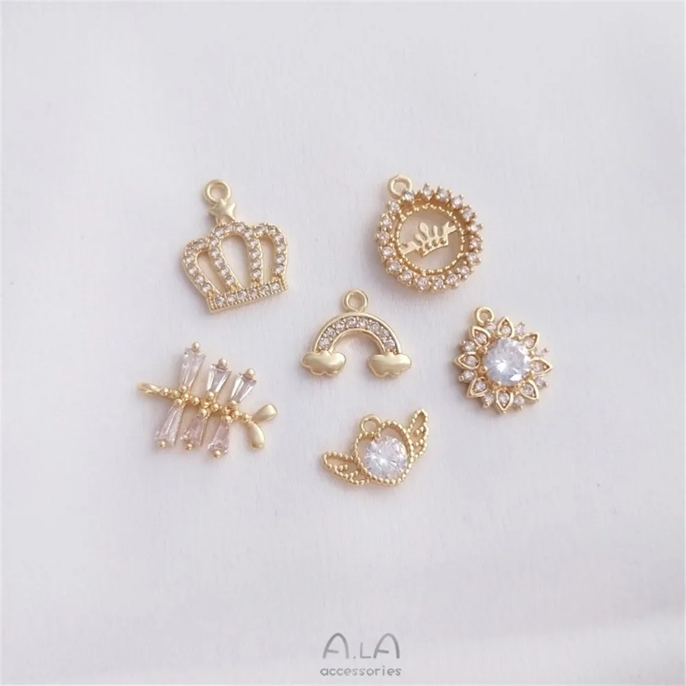

14K Gold Color Inlaid Zircon Crown Rainbow Small Flower Fish-shaped Pendant Diy Earrings Bracelet Accessories Pendants