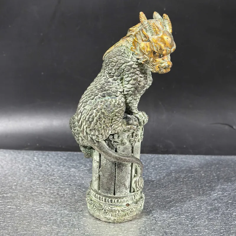 Antique Collection Shoushan Stone Sculpture, Yellow Cylindrical Dragon Gilt Bronze Pixiu Ornament, Living Room Decorative Craft