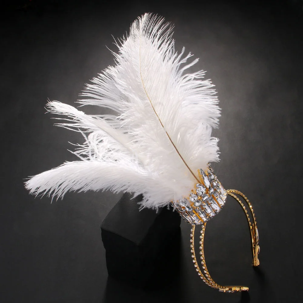Stonefans Carnival White Queen Feather Crown Headband Prom Accessories Nightclub Geometric Baroque Crystal Crown Tiara for Women