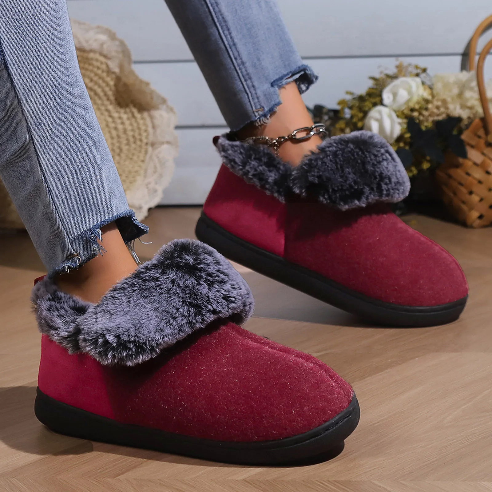 

2024 New Women Shoes House Shoes Women Winter Warm Fluffy Slippers Men Outdoor Fur Antiskid Shoes For Woman Ankle Fur Shoes