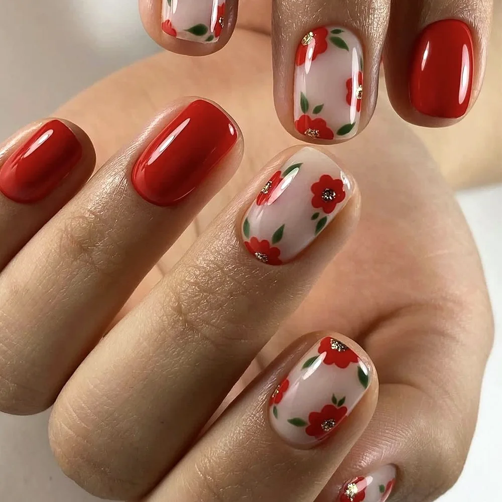 24Pcs Red Flower Shiny Powder with Design Nails Set Press on Short Square Head Fake Nails Detachable Full Cover False Nails Tips