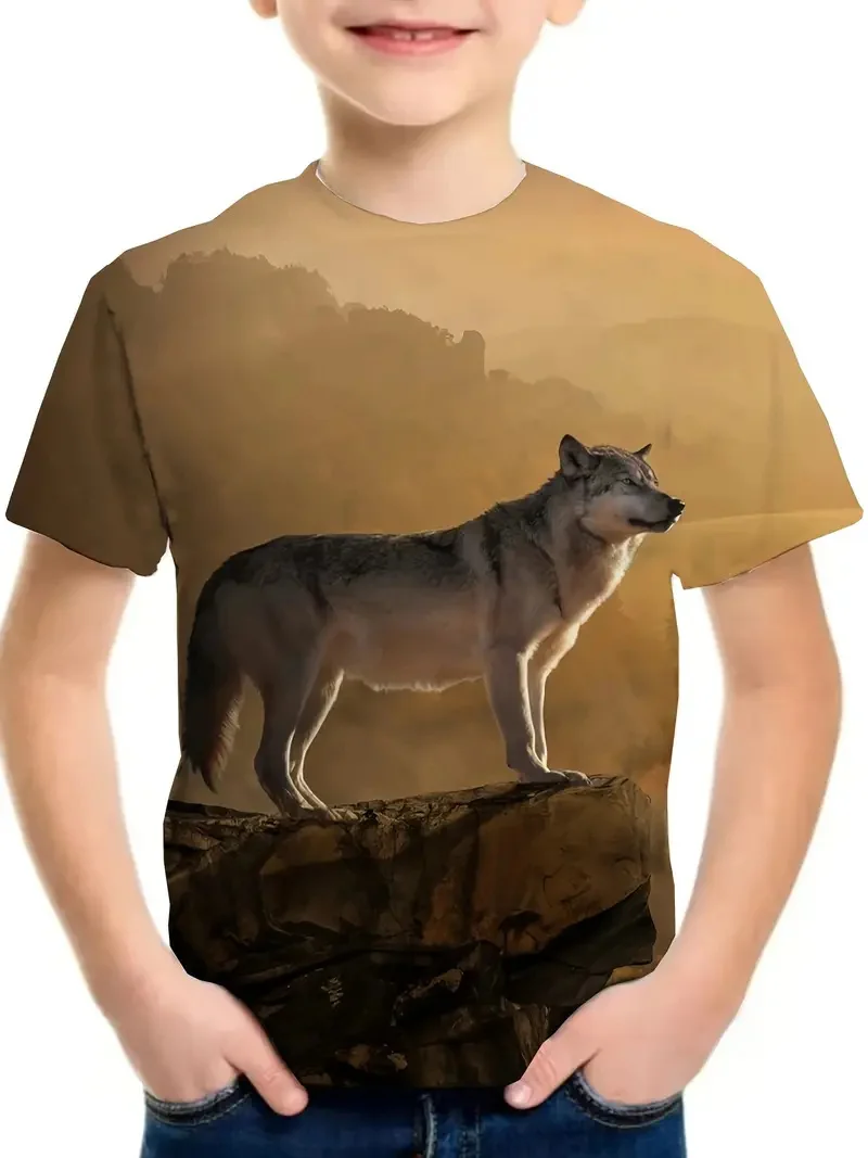 2024 Retro Wolf 3d Print Top Tee Shirt Fashion T Shirt Animal Kids Boy Clothes Anime Short Sleeve Casual Children's Clothing