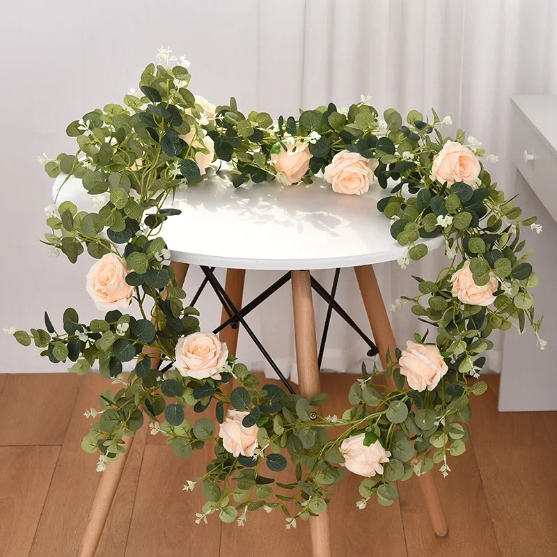 Imitation Eucalyptus Leaves Rattan Silk Roses Fake Flowers Vines Garden Balcony Living Room Decoration Artificial Rose Vine