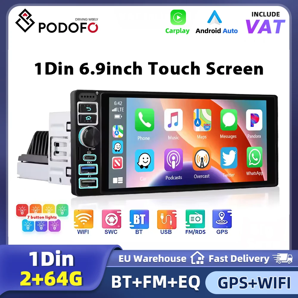 Podofo Carplay 6,9 Zoll Android Autoradio 2+64G 2-DIN GPS Bluetooth Navigation USB-Player unterstützt Mirror Link Auto MP5 Multimedia-Gerät