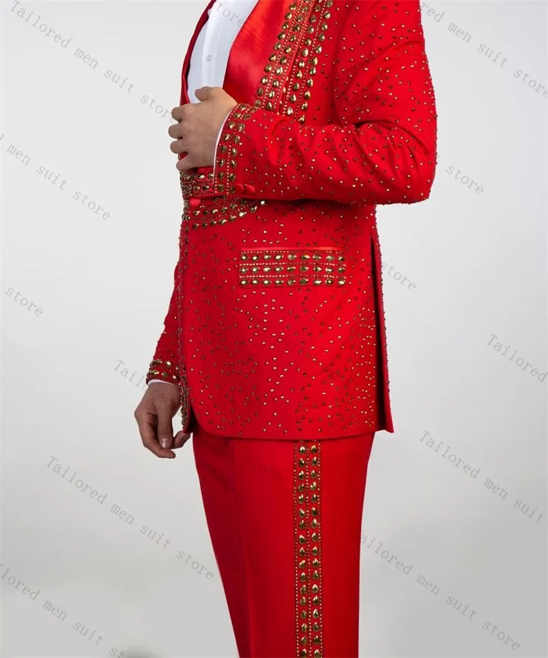 Rote Kristalle Herrenanzug-Set, 2-teilig, Blazer + Hose, Bräutigam, Hochzeit, Smoking, formelle Arbeit, Büro, männliche Jacke, Abschlussball, Baumwollmantel, Hose
