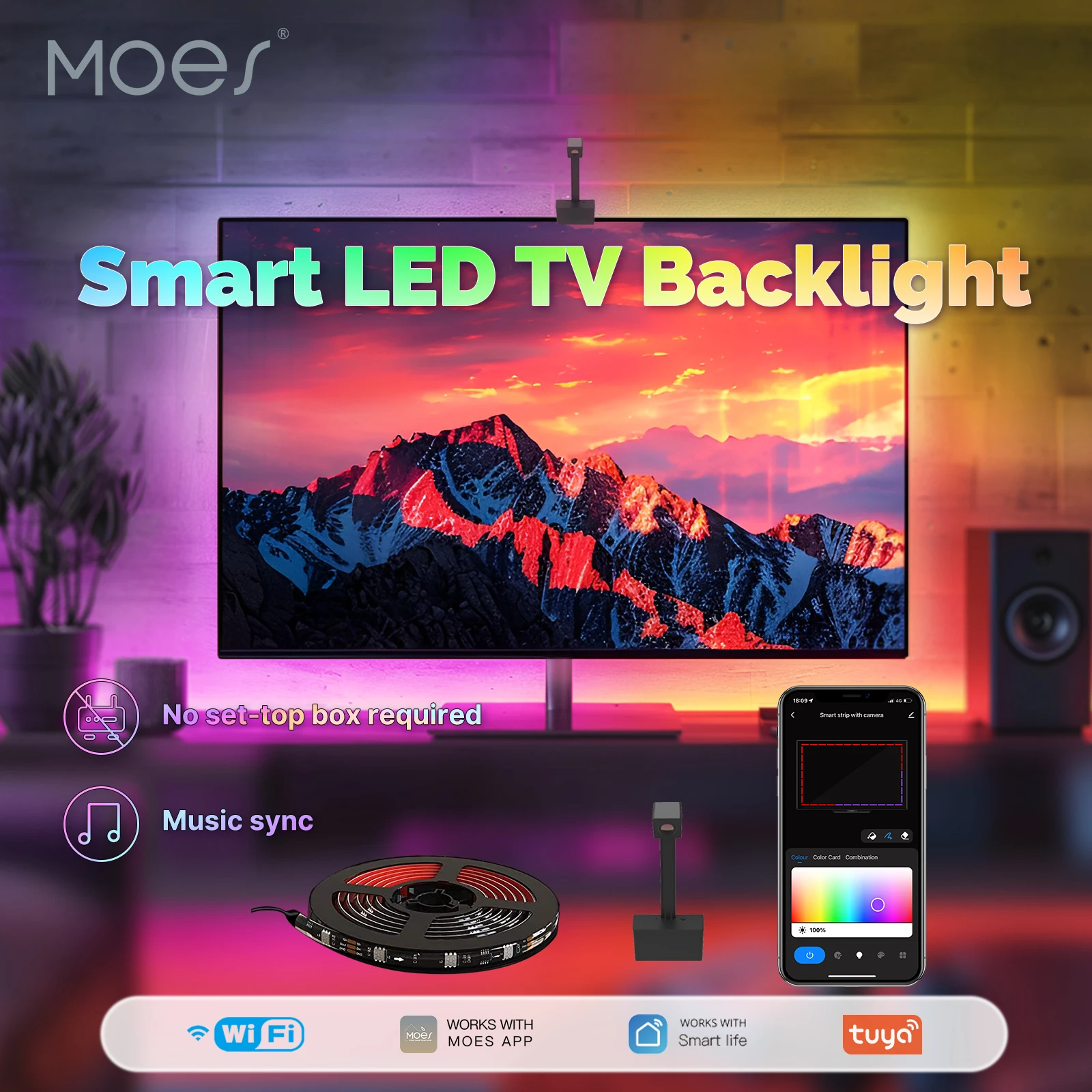 

MOES Smart WiFi Ambient TV Backlight No Set-Top Box Required Music Sync LED Light Strip Timing Fucntion Multiples Scenes