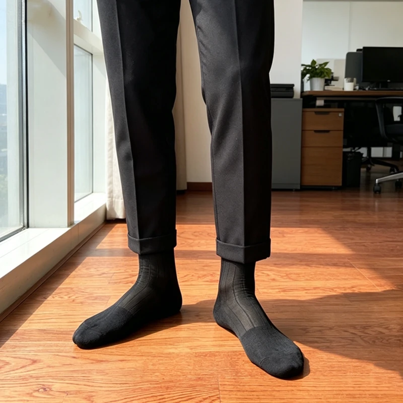 Mens TNT Mid Calf Socks Men Solid Colors Business Socks Man Breathable Wide Stripe Sheer Nylon Large Size Gentlemen Dress Socks view 2