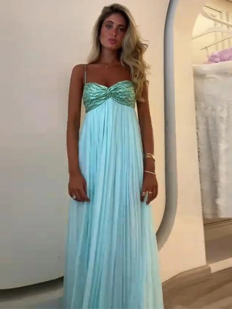 

Sequin Patchwork Slip Dress Silk Satin Fishbone Halter Fishtail Long Dresses Sexy Pleated Strap Robes Women Strapless Dress New