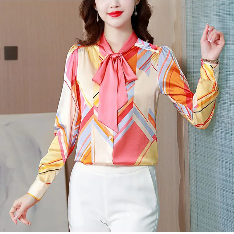 

Elegant V-Neck Printed Lace Up Bow Satin Shirt Women's Clothing 2023 Autumn New Casual Tops All-match Office Lady Blouse