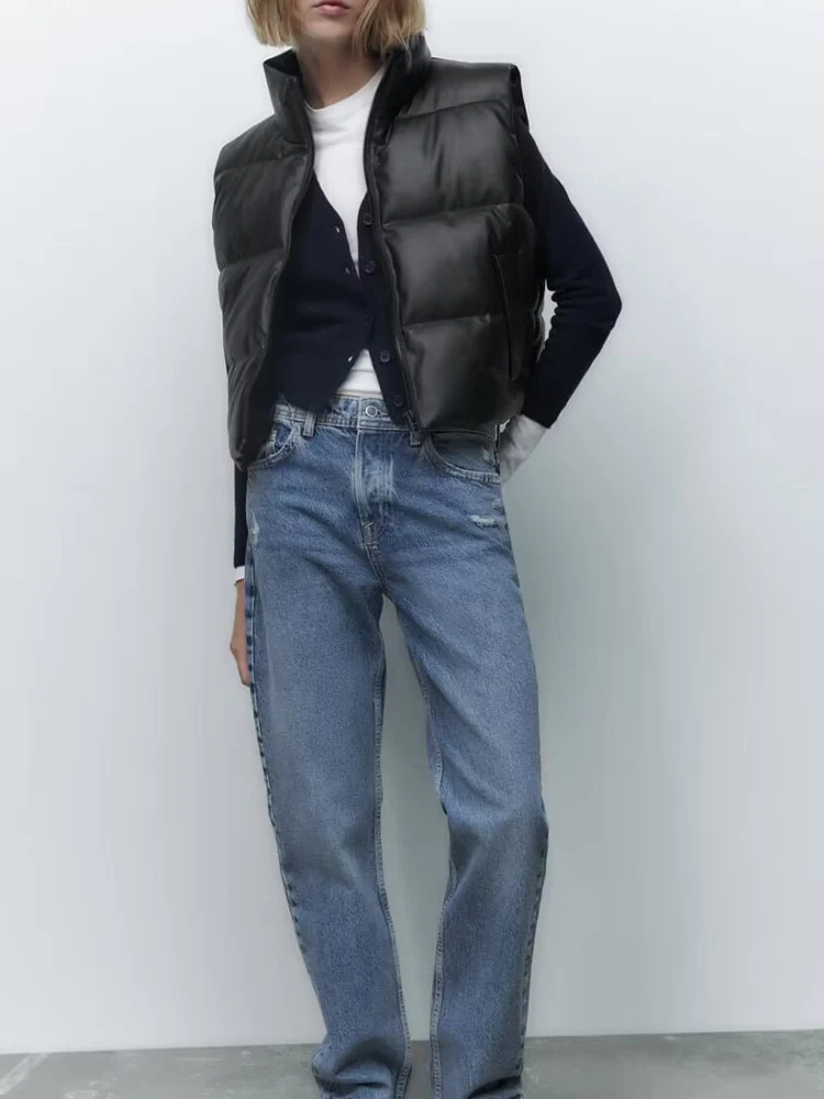 

European and American style women's autumn and winter new fashion trend simple casual leather texture effect cotton vest