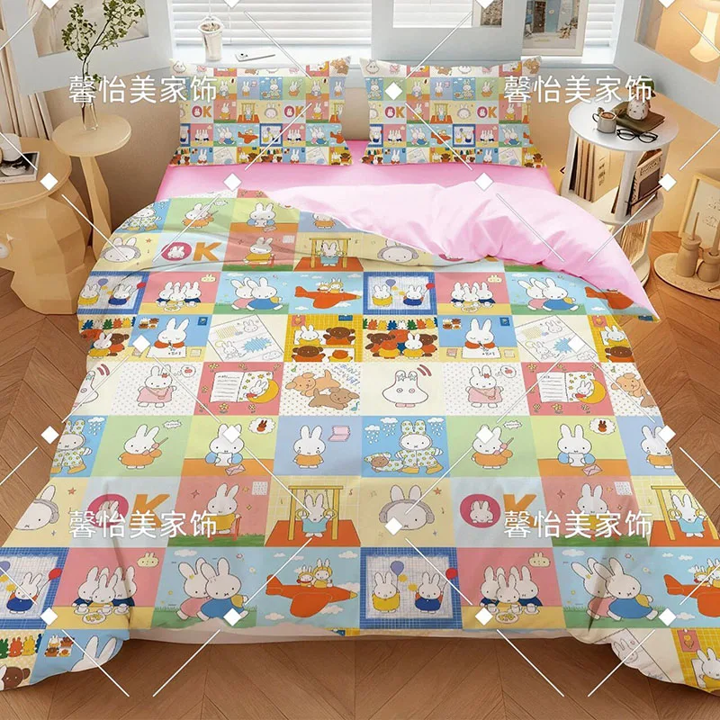 New Cute Miffy Cartoon Bedding Set Soft Cotton Cover Pillowcase Student Dorm Home Bedroom Decor Kawaii Bed Four Piece Set Gifts