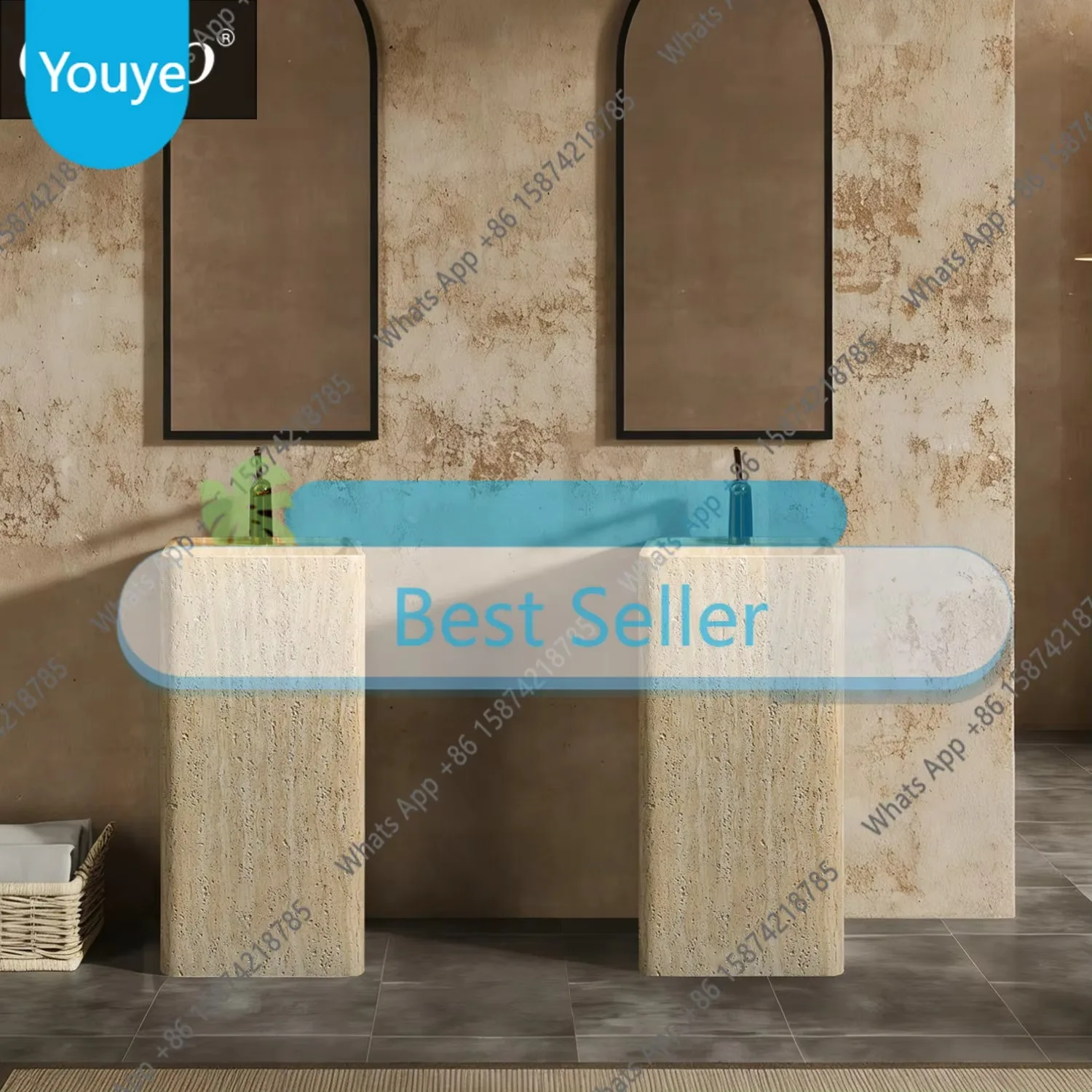N64 Medieval style natural travertine granular column wash basin integrated floor type advanced homestay wash basin