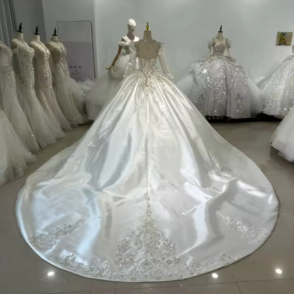 Robe Mariée Femme O-คอยาวแขนยาว Lace Up กลับชุดแต่งงานเย็บปักถักร้อย Sequined Ball Gown ที่กําหนดเองชุดเจ้าสาว