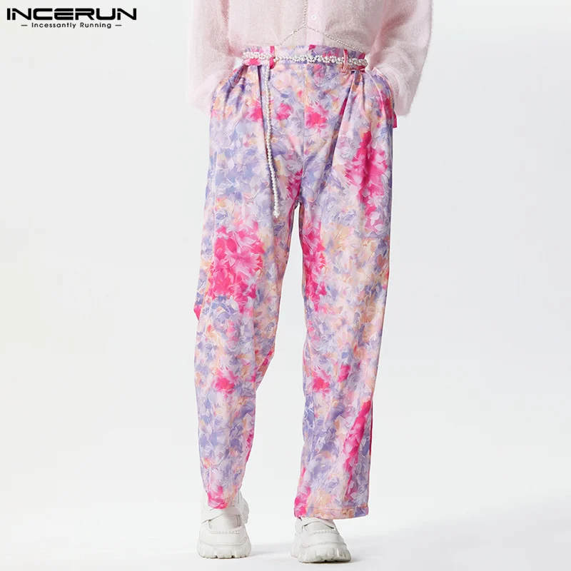 INCERUN 2024 Korean Style Pantalons Men's Fashion Loose Floral Print Design Trousers Casual Streetwear Wide Leg Long Pants S-5XL