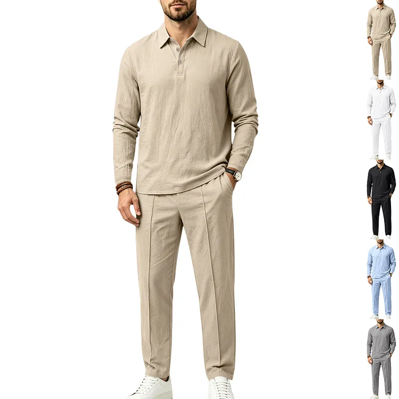 Men Cotton Linen Texture Lapel Long Sleeve Polo Top Straight Leg Trousers 2 Piece Vacation Outfit Set