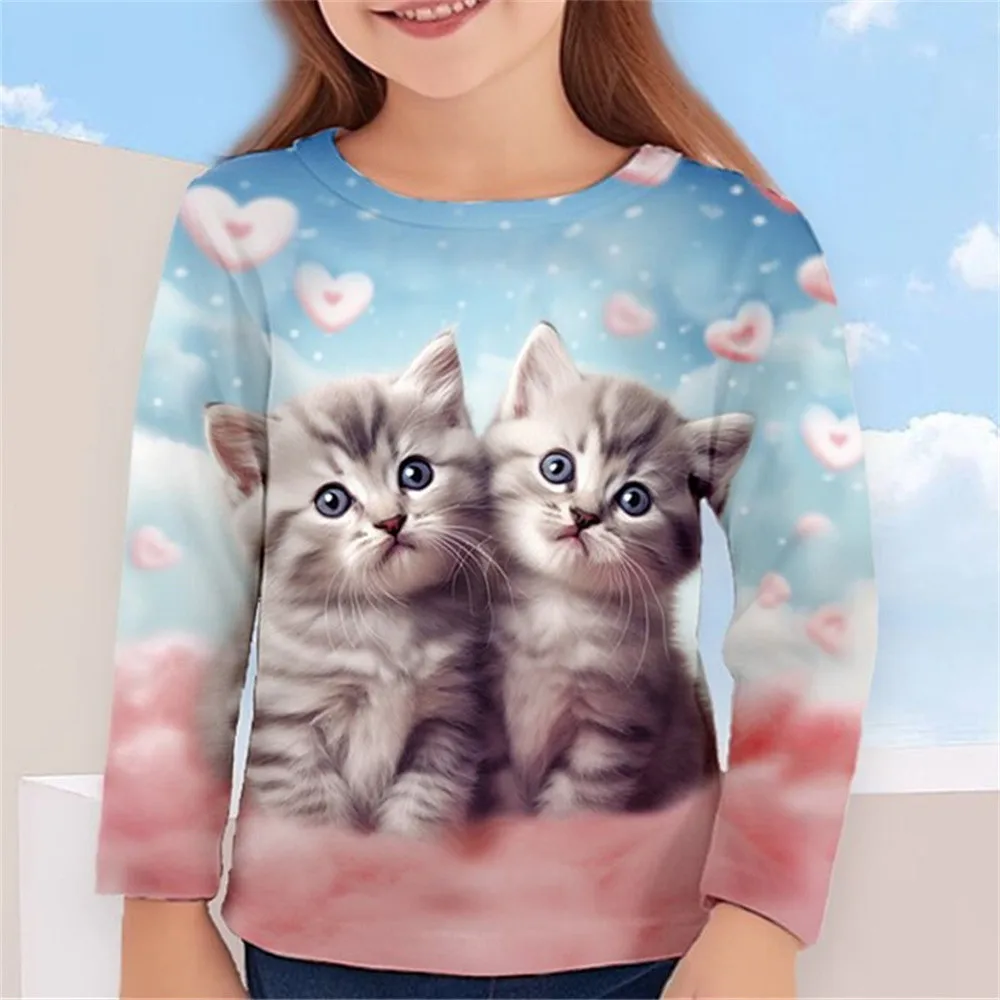 2023 Autunno Abbigliamento per bambini Per ragazze Animale Gatto T Shirt Manica lunga Stampa 3d Primavera Bambini 3-12 anni Vestiti Carino Tee Tops