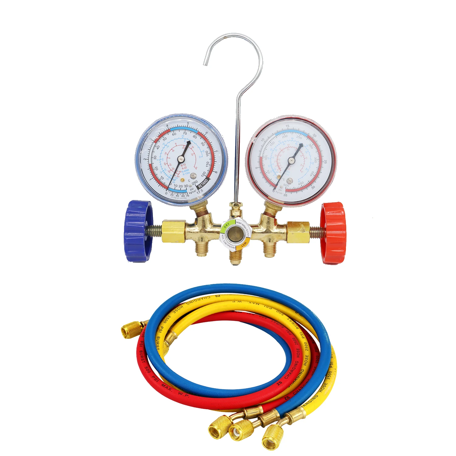 R134a Air Conditioning Pressure Gauge with Hose and Hook 3 Way AC Diagnostic Manifold Gauge Set Freon For R12 R22 R404A R134a