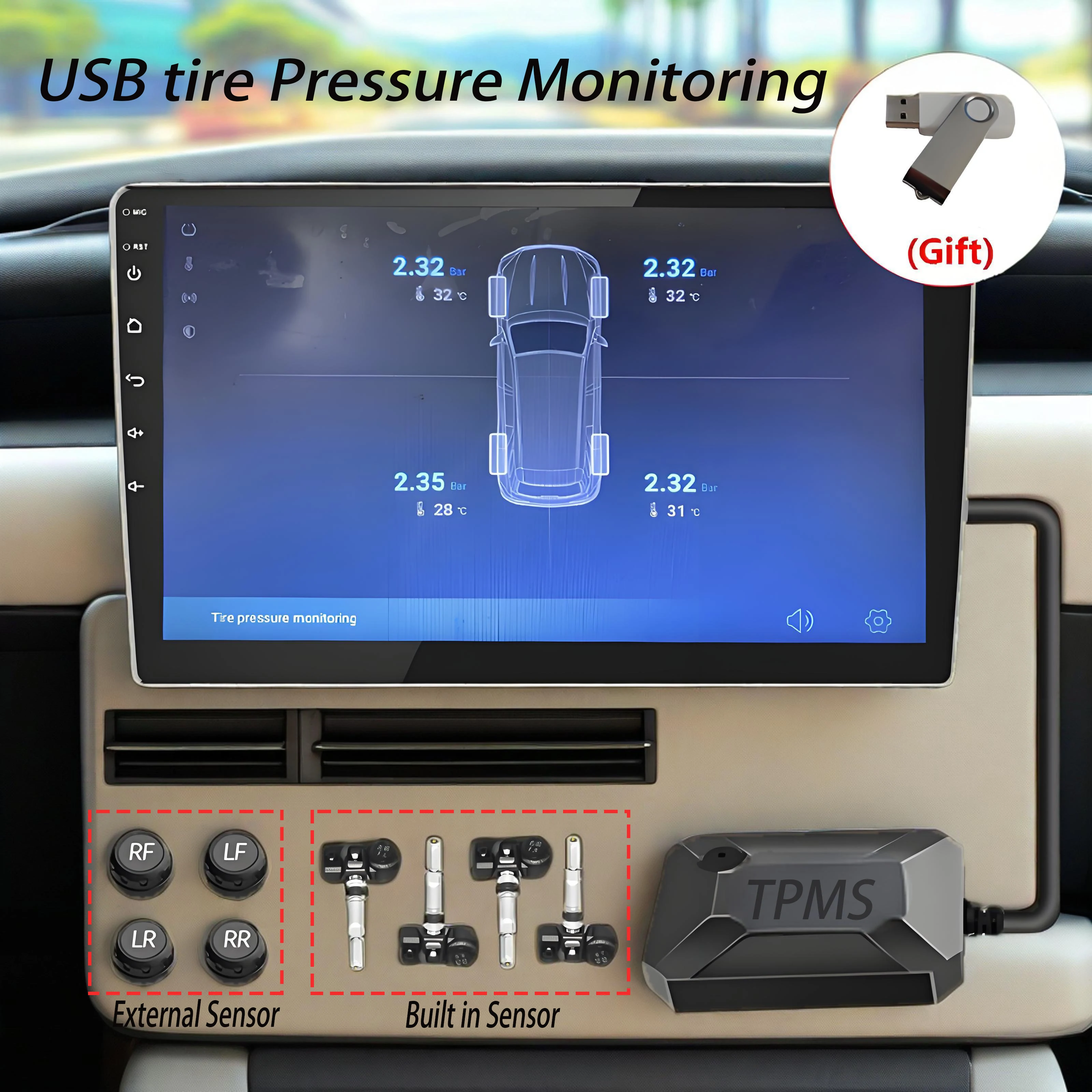 نظام ملاحة ذكي يعمل بنظام أندرويد مخصص مثبت على السيارة USB نظام مراقبة ضغط الإطارات TPMS كشف ضغط الإطارات ودرجة الحرارة