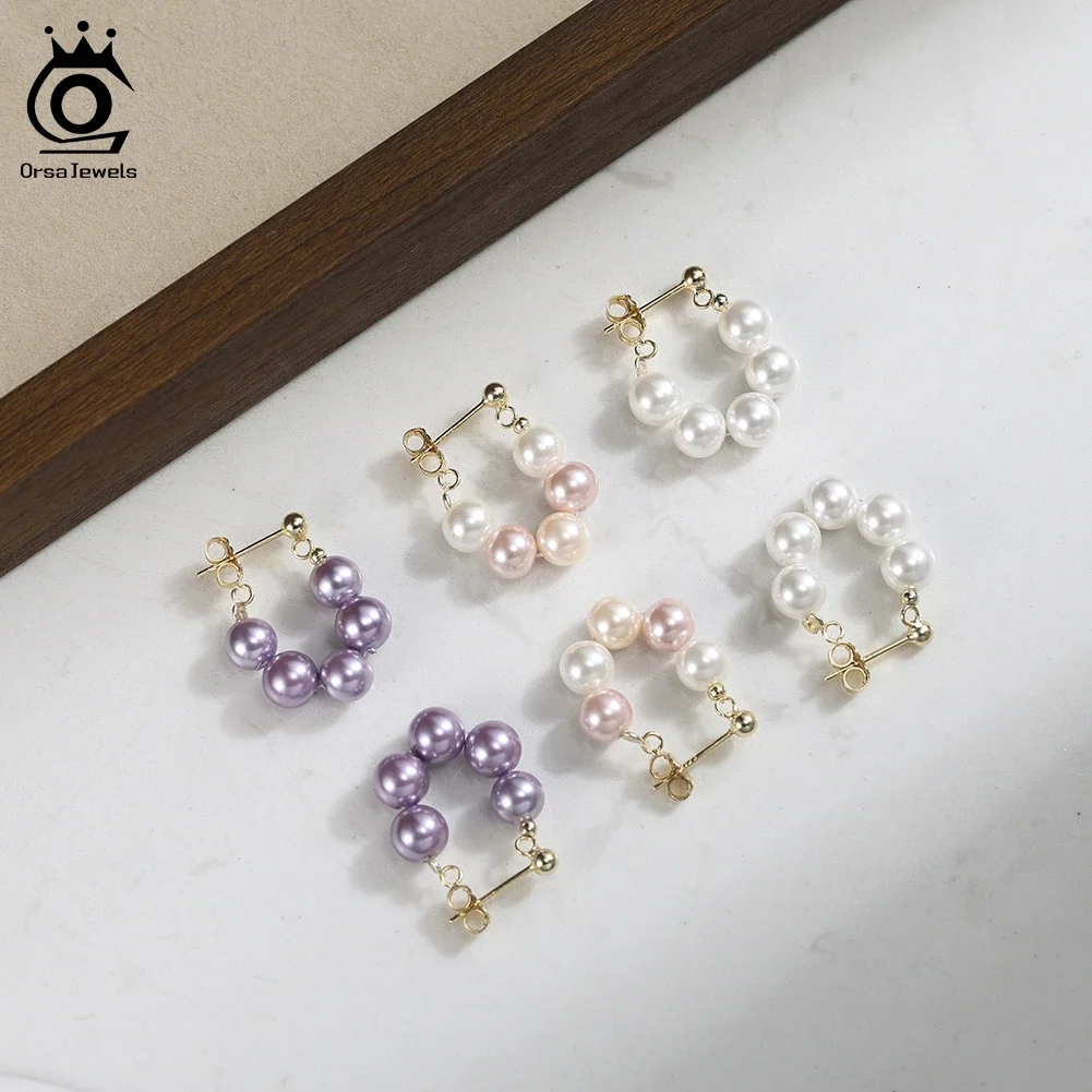 

ORSA JEWELS Vintage U-Shaped Shell Pearl Hoop Earrings for Women 925 Sterling Silver Elegant Shell Beads Party Jewelry PSE08