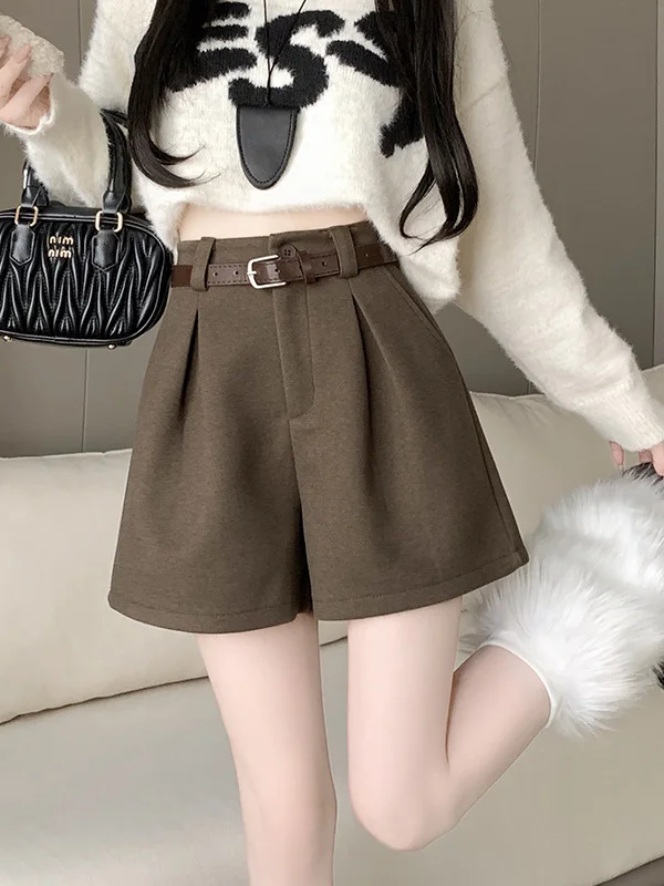 Wollen pak of broek dames herfst winter slanke A-lijn hotpants hoge taille kleine maat casual wijde pijpen bootcut broek