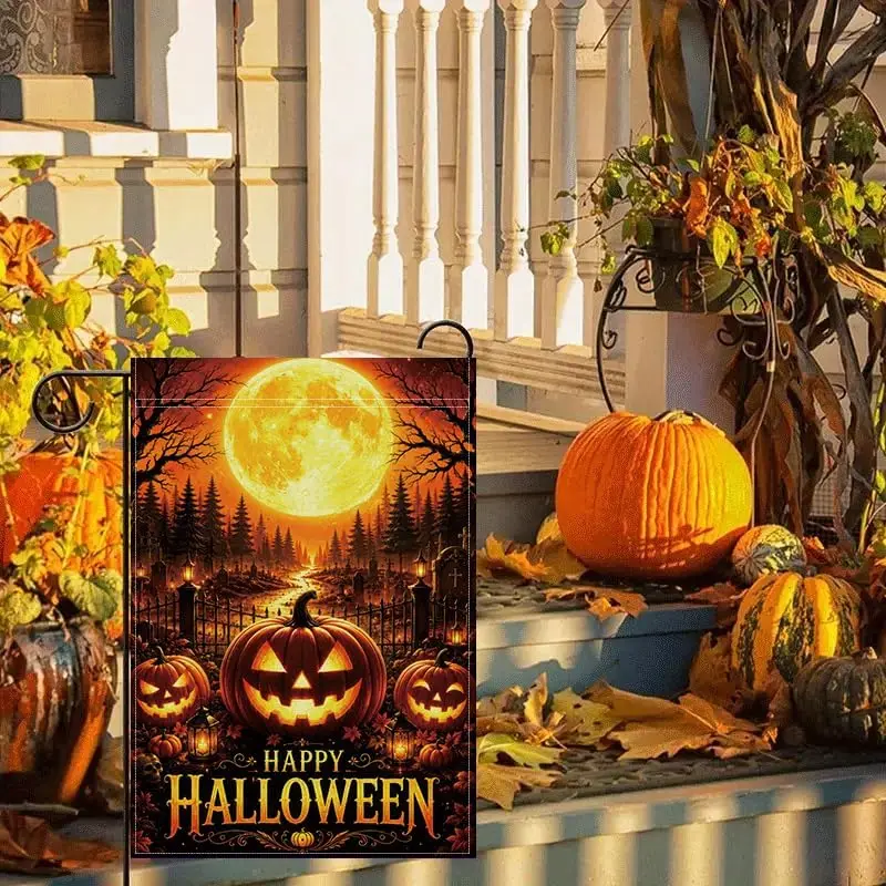 Halloween Garden Flag 12x18 Inch, Lighted Pumpkin Moon Night Outdoor Flag Double Sided, Spooky Haunted Yard Decoration Polye llp