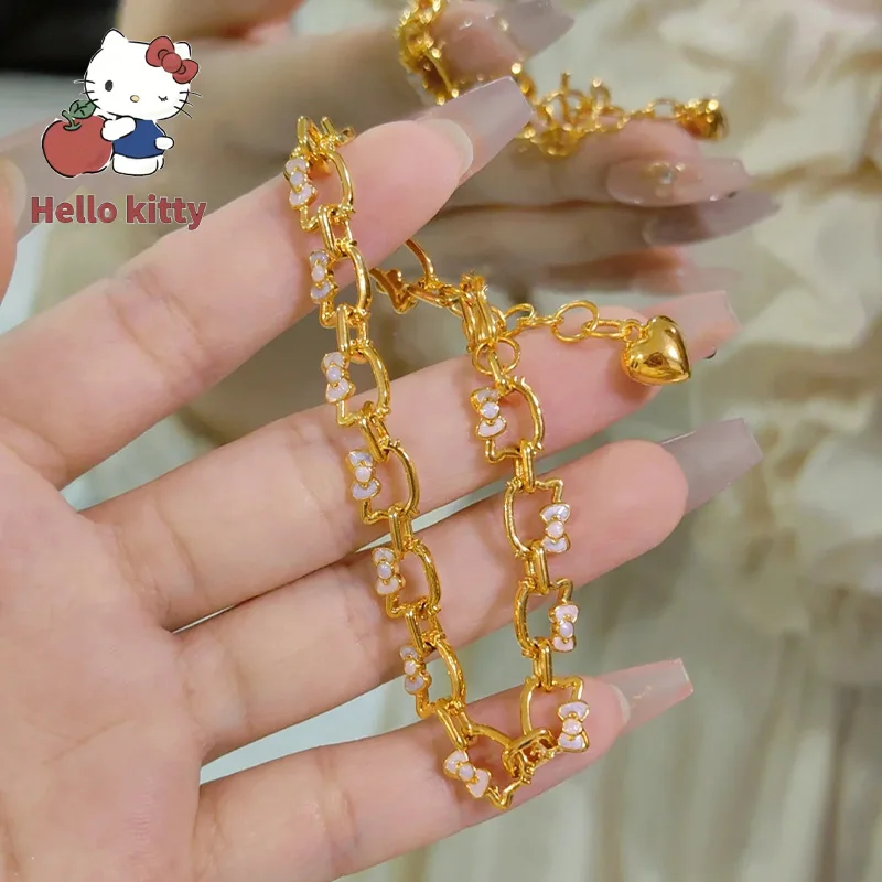 New 18K Gold Plated Hello Kitty Oval Chain Bracelet Cartoon Colored Enamel Bow Link Buckle Thickened Non Fading Bracelet Jewelry