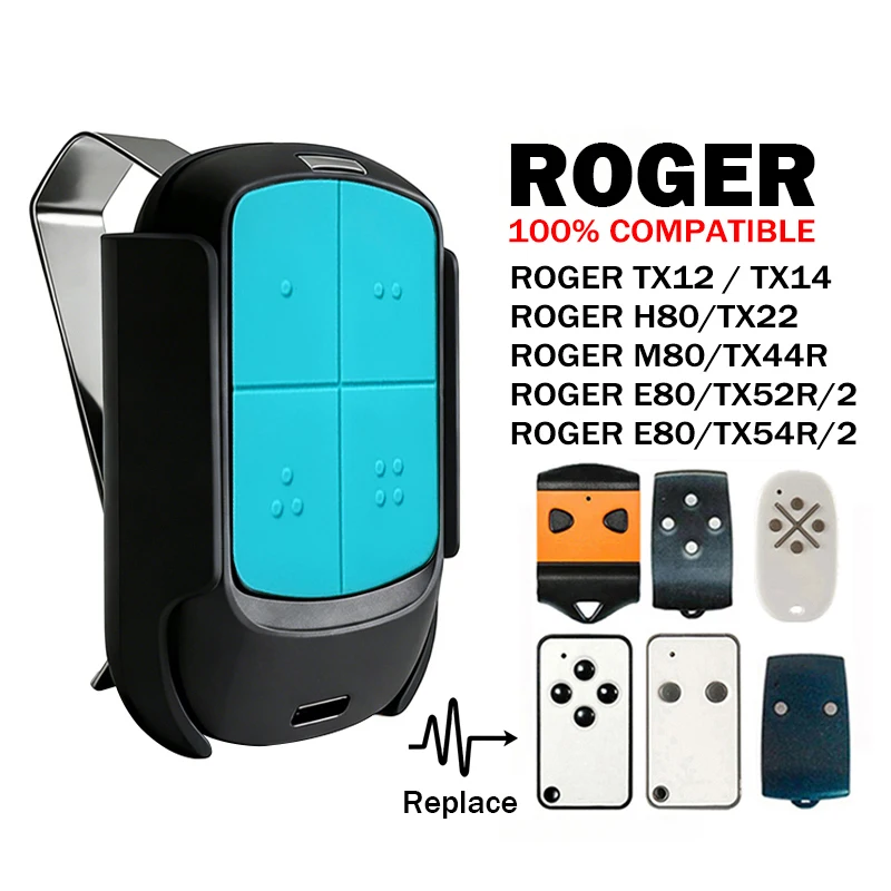 ROGER E80 TX52R TX54R H80 TX22 M80 TX44R TX12 TX14 Garage Door / Gate Remote Control Duplicator 433.92MHz Includes Visor Clip